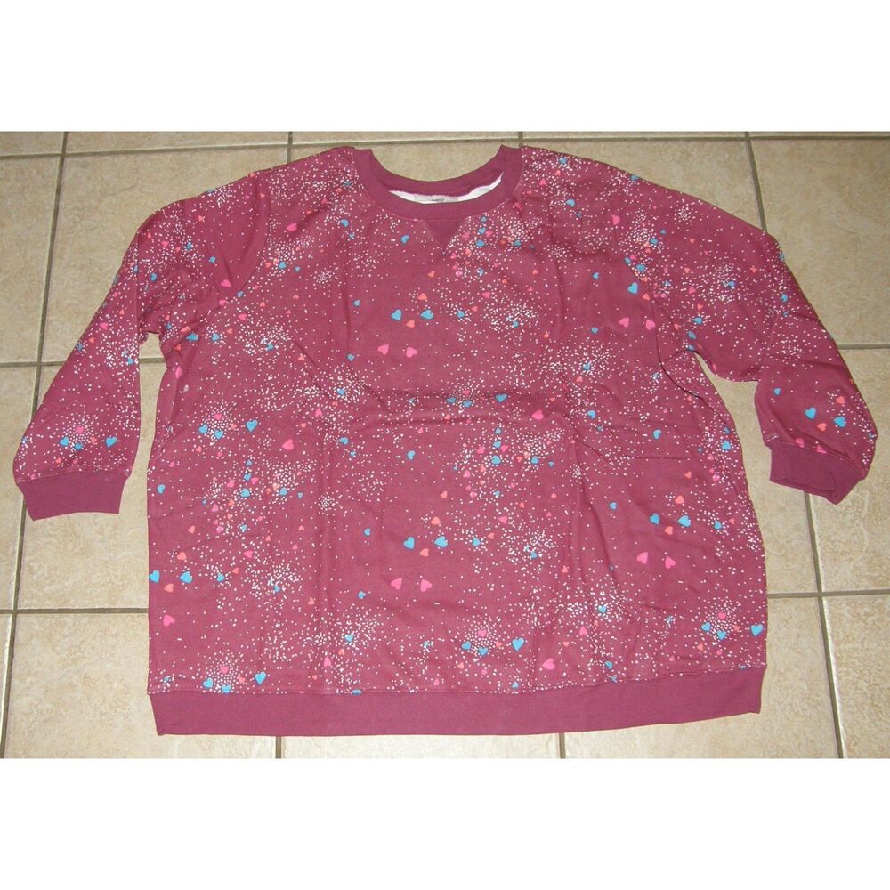 WOMAN WITHIN Burgundy Plus Sz 30/32 Heart Print Crew Neck Comfy Sweatshirt NEW